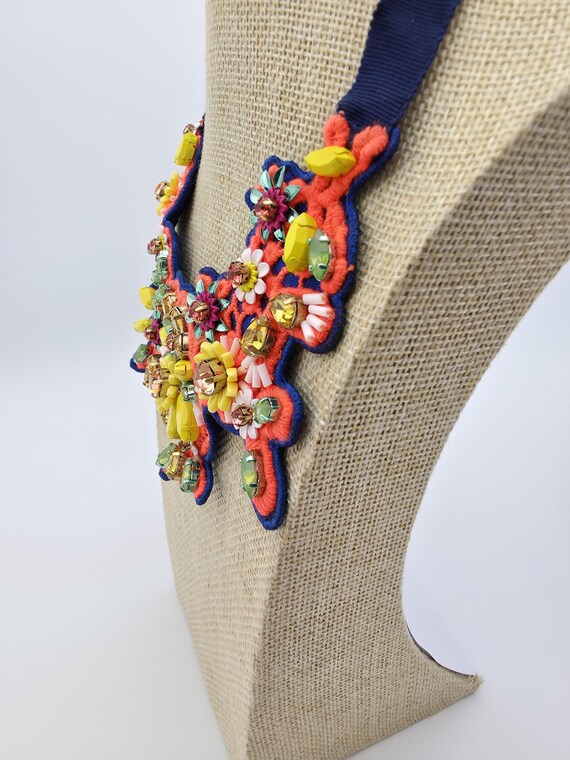 Signed J.Crew Statement Bib Necklace Vintage Flor… - image 9