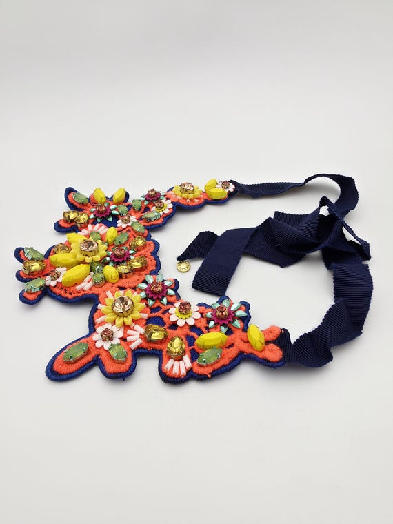 Signed J.Crew Statement Bib Necklace Vintage Flor… - image 4