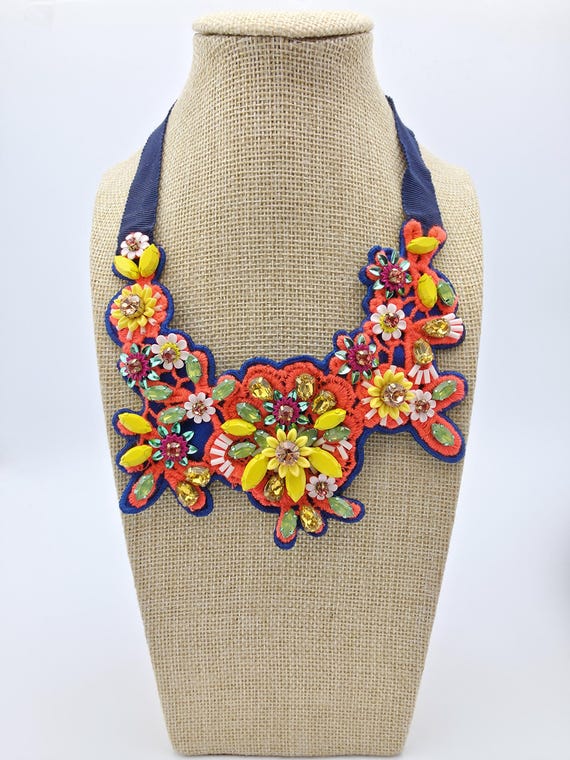 Signed J.Crew Statement Bib Necklace Vintage Flor… - image 10