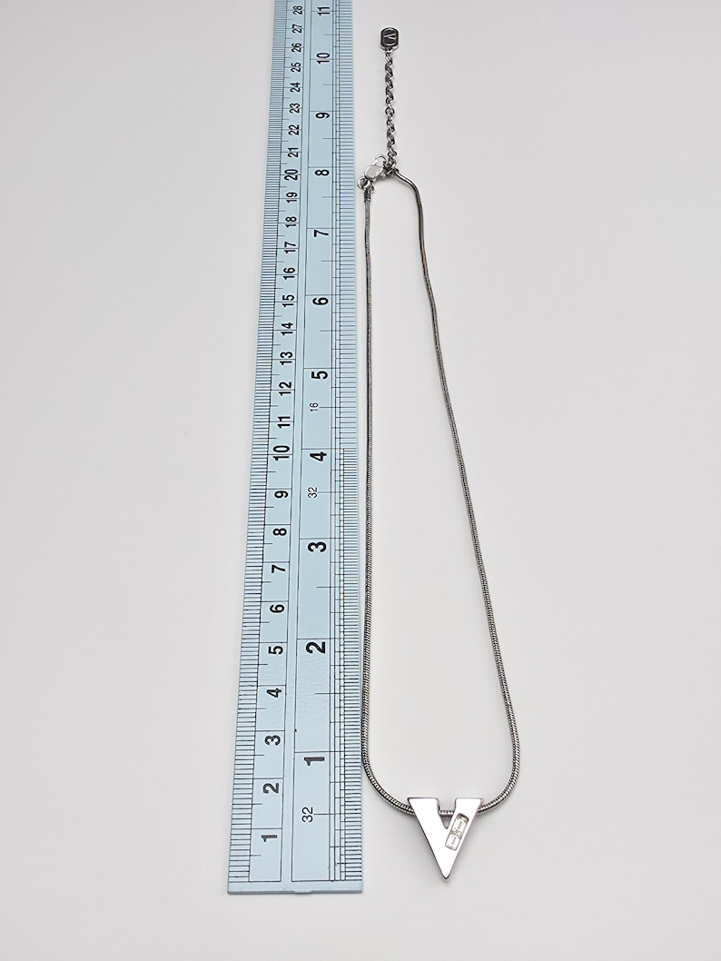 Valentino Vintage Silver-Tone V Logo Pendant Necklace with Adjustable Chain, Stylish Retro Designer Jewelry, Unisex Statement Accessory image 3