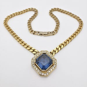 Vintage Signed Sphinx Gold Choker Necklace with Blue Hexagon Gem and Clear Rhinestones – Bold Statement Costume Jewelry