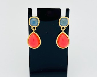 Trifari Drop Vintage Earrings, Gold Tone with Blue and Coral Cabochons, Retro Statement Jewelry, Classic Dangle Design, Signed Trifari (TM)