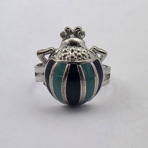 Vintage Silver-Tone Adjustable Ring – Enamel Striped Ladybug Design with Crown Accent – Unique Statement Jewelry for Women & Collectors