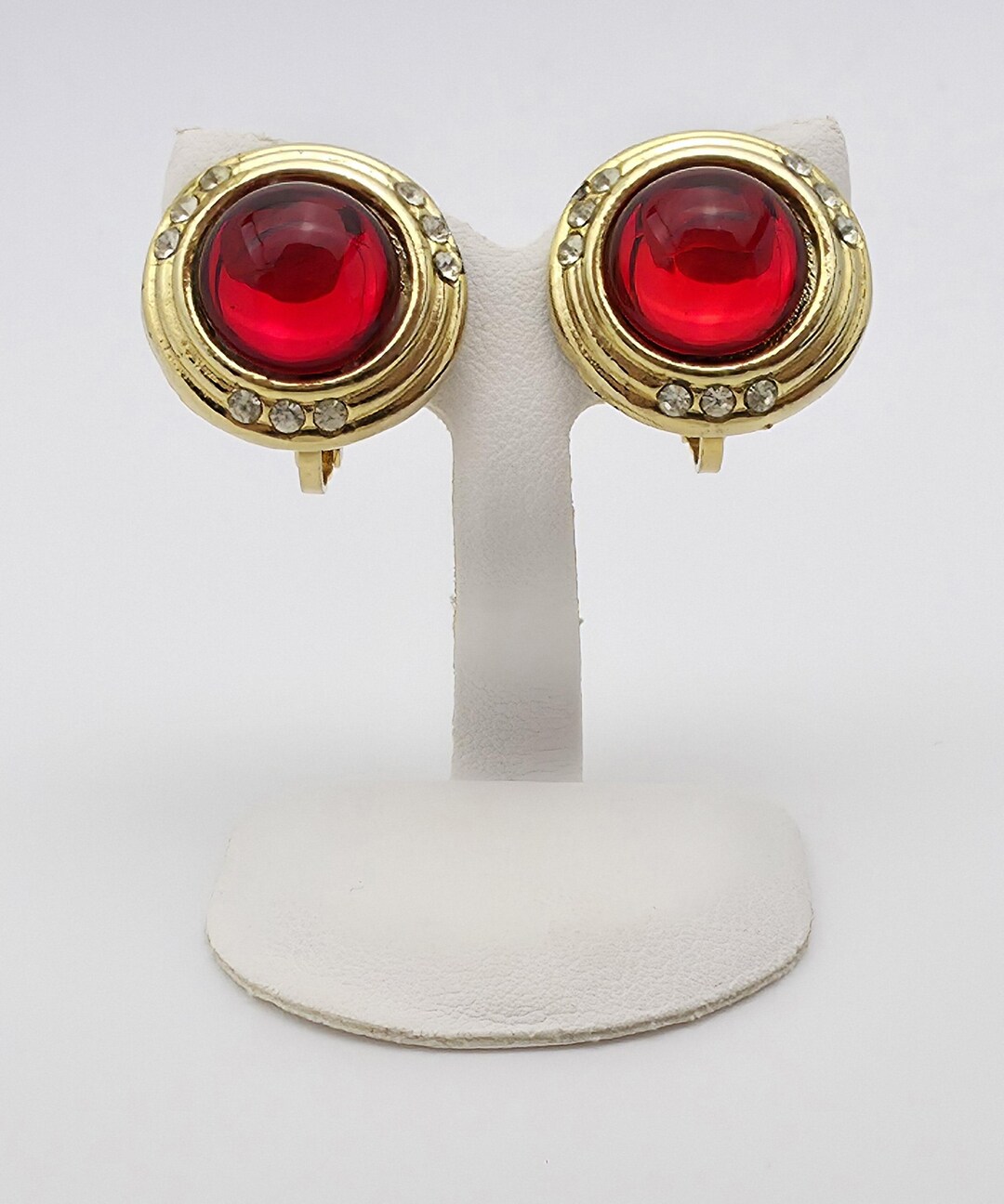 Boucles D'Oreilles Vintage Clip En Métal Doré Avec Cabochon Verre Gripoix - Bijou Couture Ancien - Occasion