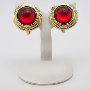 Fabulous Vintage Red Glass Gripoix Cabochon Clip Earrings, Gold-Tone Setting with Rhinestone Accents, Bold Statement Jewelry