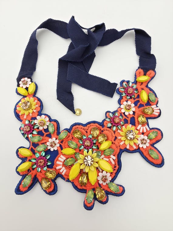 Signed J.Crew Statement Bib Necklace Vintage Flor… - image 1