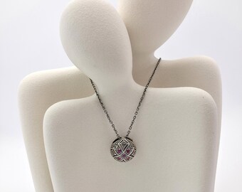 Vintage 925 Sterling Necklace with Ornate Round Pendant, Ruby Gemstone Accents, and Adjustable Chain – Elegant Antique-Inspired Jewelry