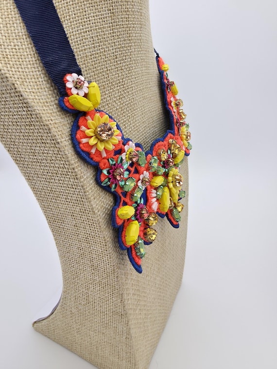 Signed J.Crew Statement Bib Necklace Vintage Flor… - image 8