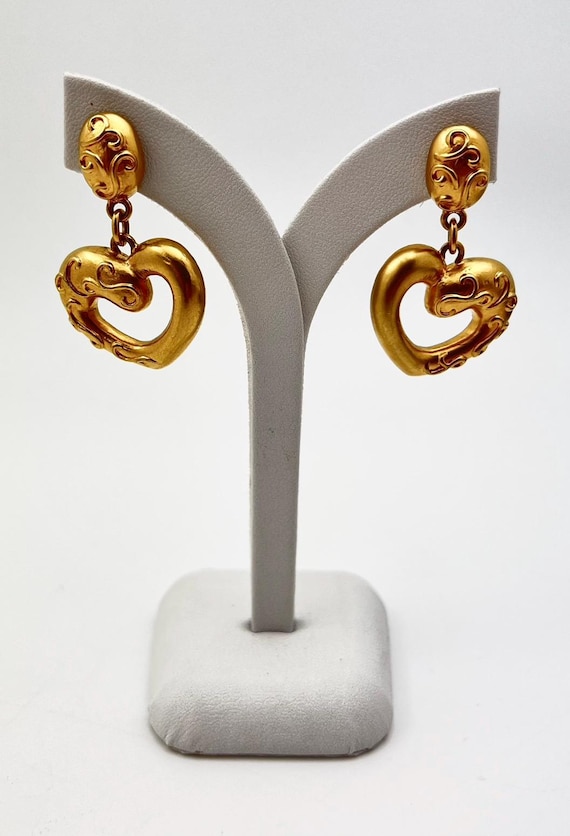 Vintage Signed Seven Seas Earrings Gold Heart Drop Pin Design With