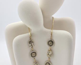 Vintage Spanish Damascene Necklace – Gold & Black Inlay with Ornate Medallion and Owl Charms, Elegant Statement Jewelry
