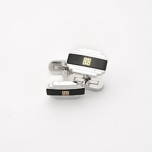 Vintage Givenchy Cufflinks - Silver and Black Design with Iconic Gold Logo, Timeless Elegance and Sophistication for Any Formal Look