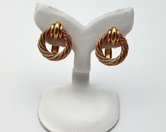 Signed Christian Dior Vintage Clip-On Earrings – Gold-Toned Twisted Rope Design with Bold Accents, Elegant Statement Accessory.