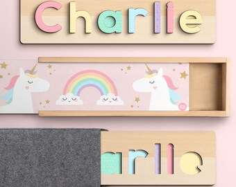 Personalized Unicorn Name Puzzle, Rainbow Wooden Toy