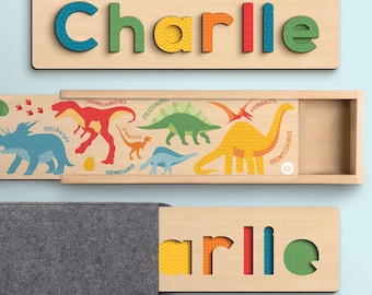 Quebra-cabeça personalizado com nome de dinossauro, brinquedo de madeira Montessori