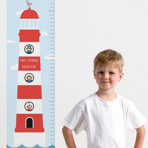 May include: A lighthouse-themed height chart with a red and white design, featuring cartoon monkeys and a seagull. The chart includes the name "MAX THOMAS" and the date "19.08.2012". The height markings are in centimetres.