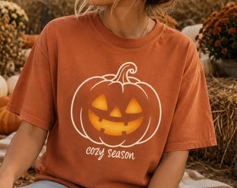 Cozy Season Pumpkin Shirt, Minimalist Fall Shirt, Glowing Jack O Lantern Tee, Autumn Aesthetic, Comfort Colors® Halloween Shirt