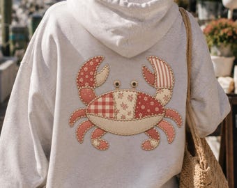 Faux Patchwork Crab Hoodie, Coastal Beach Hoodie, Nautical Crab Sweatshirt, Nantucket Hoodie, Crab Lover Gift