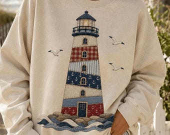 Lighthouse Sweatshirt, Faux Patchwork Lighthouse Crewneck, Cape Cod Sweatshirt, Coastal Nautical Pullover, Beach Lover Gift