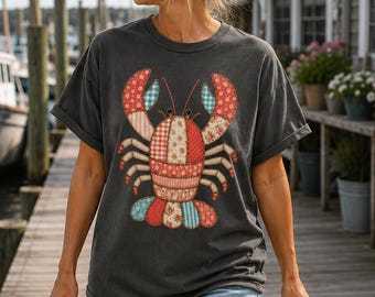 Lobster Shirt, Coastal Graphic Tee, Faux Patchwork Lobster Shirt, Nantucket Beach Shirt, New England Summer Tee