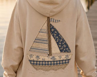 Faux Patchwork Sailboat Hoodie, Coastal Nautical Hoodie, Sailboat Print Sweatshirt, Nantucket Hoodie, Boat Lover Gift
