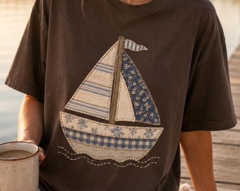 Sailboat Print Shirt, Faux Patchwork Sailboat Tee, Coastal Nautical Shirt, Nantucket Graphic Tee, Beach Vacation Shirt