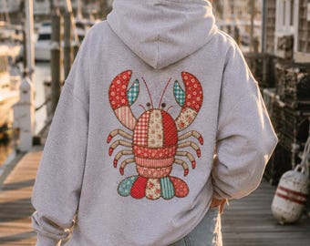 Faux Patchwork Lobster Hoodie, Coastal Nautical Hoodie, Nantucket Lobster Sweatshirt, Maine Beach Hoodie, New England Gift