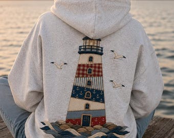 Faux Patchwork Lighthouse Hoodie, Cape Cod Hoodie, Coastal Lighthouse Sweatshirt, Nautical Beach Hoodie, New England Gift