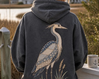 Blue Heron Hoodie, Faux Patchwork Hoodie, Coastal Bird Sweatshirt, Heron Nature Hoodie, Beach Lover Gift