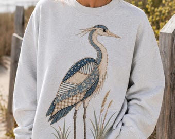 Blue Heron Sweatshirt, Faux Patchwork Crewneck, Coastal Bird Sweatshirt, Heron Tshirt Gift, Nature Lover Pullover