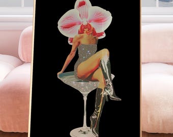 Retro Martini Cocktail Print: Orchid Glam Collage Art (Digital Download)