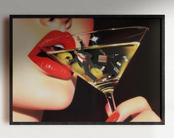 Martini Print, Horizontal Trendy Wall Art Digital Download Print Girl in 20s, Feminist Wall Art Edgy Retro Apartment Decor Kitchen Bar Print