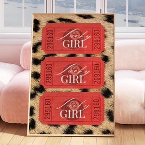 Ticket Print, Red Bar Cart Decor Gallery Girly Prints Lucky Girl Syndrome Trendy Leopard Print Preppy Prints Funky Art Aesthetic Living Room