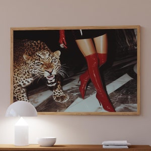 Trendy Red Boots Print Retro Leopard Poster High Fashion Poster Hypebeast Aesthetics Luxurious Wall Art Chic Designer Poster Cool Girl Photo