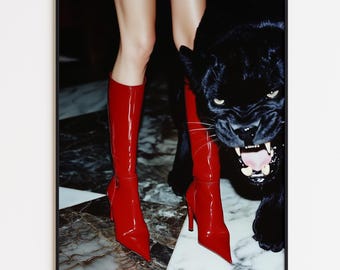Black Panther Wall Art – Retro Red Boots Poster, Trendy Aesthetics Print, High Fashion Digital Downloadable Art