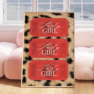 Retro Ticket Poster, Lucky Girl Wall Art w Leopard Print, Lucky 8 Ball Print, Red Maximalist Print Trendy Dorm Decor Preppy Prints Funky Art