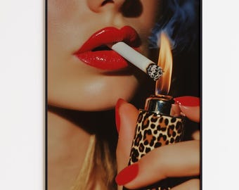 Femme Fatale Red Lips Wall Art, Retro Cigarette Poster, Leopard Lighter Print Edgy Apartment Decor Trendy Gallery Dorm Poster Red Aesthetics
