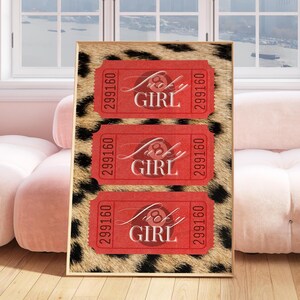 Lucky Girl Poster: Leopard Print, Retro Ticket, Red Funky Art (Printable Art)
