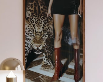 Trendy Red Boots Print Retro Leopard Poster High Fashion Poster Hypebeast Aesthetics Luxurious Wall Art Chic Designer Poster Cool Girl Photo