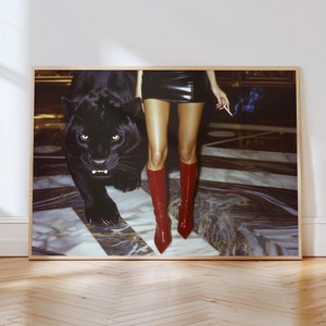 High Fashion Print, Luxury Wall Art, Fashion Model & Panther Poster, Hypebeast Aesthetic, Modern Chic Art, Vogue Magazine Print, Red Boots