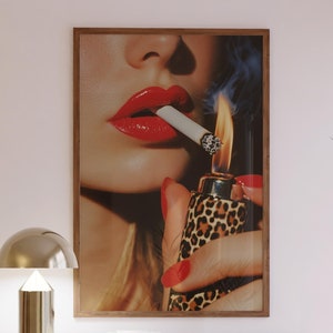 Retro Lighter Print, Leopard Matchbox Print, Femme Fatale, Woman Smoking Photo, Red Aesthetics Poster 70s Aesthetic Print, Girly Gallery Art