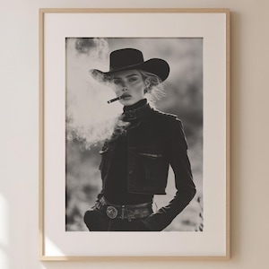 Western Wall Art, Black and White Photo Cowgirl Print, Retro Cowboy Poster, Trendy Print, Aesthetic Apartment, Smoking Poster Bar Cart Decor