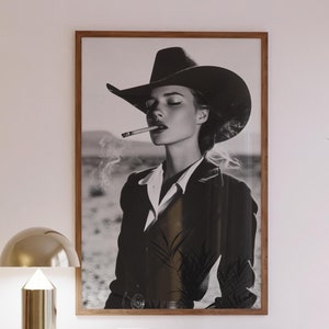 Western Wall Art, Cowgirl Smoking Print, Black and White Photo, Retro Photography, Desert Poster Cowboy Aesthetics Poster, Bar Cart Decor