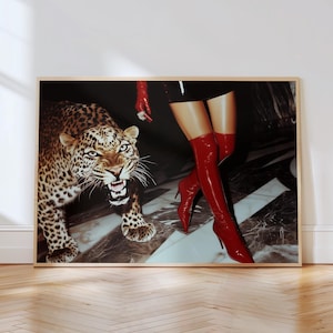 Trendy Red Boots Print Retro Leopard Poster High Fashion Poster Hypebeast Aesthetics Luxurious Wall Art Chic Designer Poster Cool Girl Photo