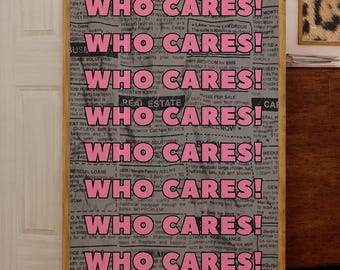 WHO CARES Poster: Retro Y2K Pink Typography Print (Digital Download