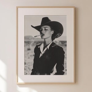 Western Wall Art, Cowgirl Smoking Print, Black and White Photo, Retro Photography, Desert Poster Cowboy Aesthetics Poster, Bar Cart Decor
