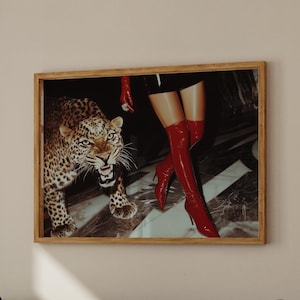 Trendy Red Boots Print Retro Leopard Poster High Fashion Poster Hypebeast Aesthetics Luxurious Wall Art Chic Designer Poster Cool Girl Photo