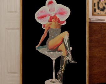 Retro Martini Cocktail Print: Orchid Glam Collage Art (Digital Download)