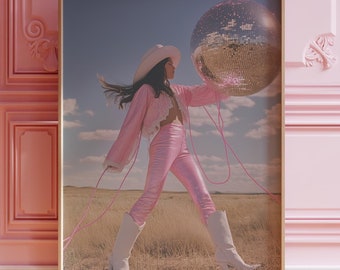 Disco Cowgirl Print: Retro Western Pink Disco Ball Art (Digital Download)