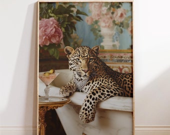 Leopard in Bathtub Art Print: Chic Bathroom Martini Poster (Digital File)