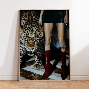 Trendy Red Boots Print Retro Leopard Poster High Fashion Poster Hypebeast Aesthetics Luxurious Wall Art Chic Designer Poster Cool Girl Photo